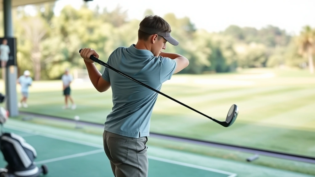 Young adult beginner golfer at driving range practicing full swing mechanics with proper stance and posture, focused concentration, natural outdoor lighting, realistic golf course environment