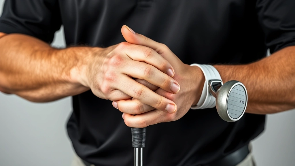Golfer demonstrating correct grip on club, close-up hands detail showing overlapping grip technique, relaxed professional positioning, neutral background highlighting hand placement