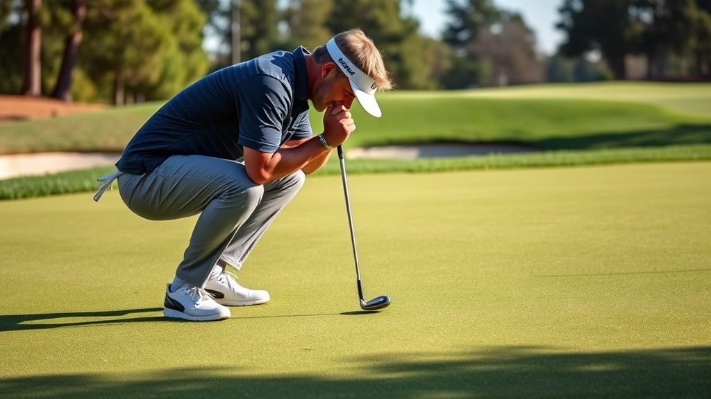Golfer on practice green analyzing putting line from multiple angles, crouching position studying slope, concentrated expression, realistic green surface, daylight conditions