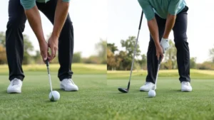 Professional golfer demonstrating proper grip and stance on practice range with golf balls and clubs, natural outdoor lighting, showing correct body alignment and posture