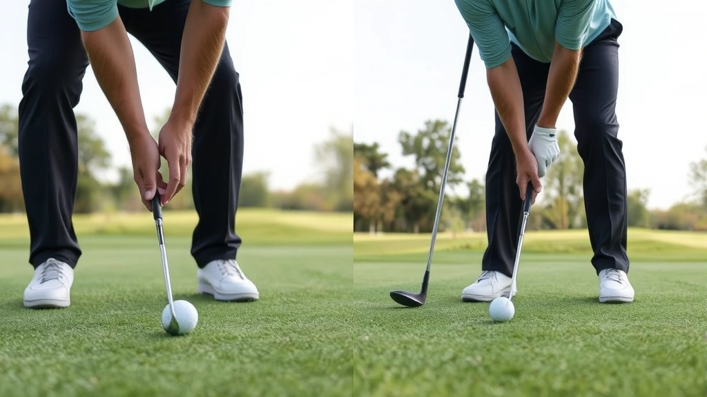 Professional golfer demonstrating proper grip and stance on practice range with golf balls and clubs, natural outdoor lighting, showing correct body alignment and posture
