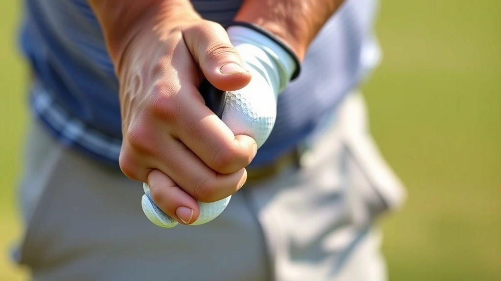 Close-up of golfer's hands gripping club properly during setup, realistic photograph showing correct positioning and grip pressure
