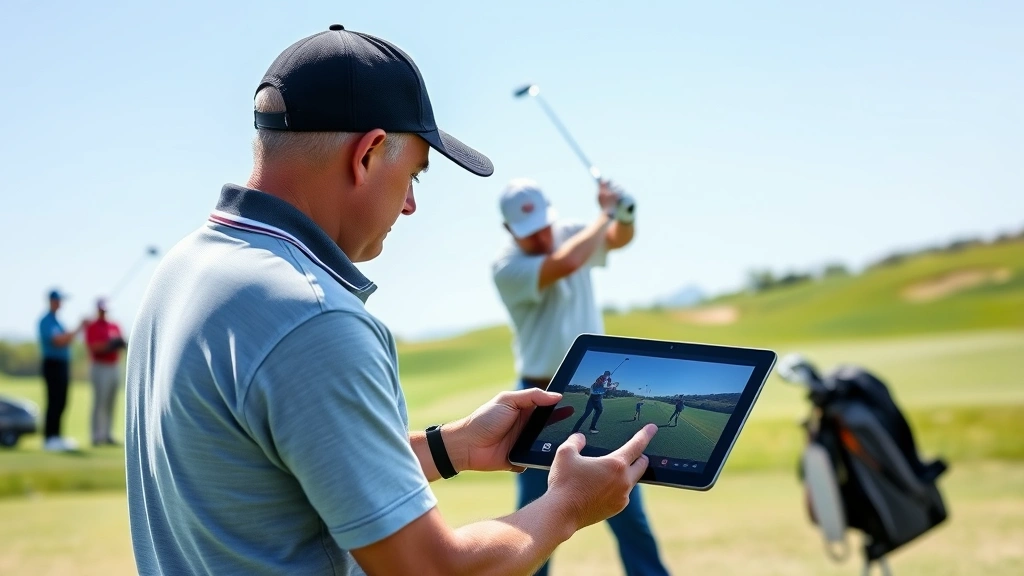 Instructor analyzing student's swing using video technology on tablet, golfers on fairway in background, demonstrating modern teaching methods and feedback systems