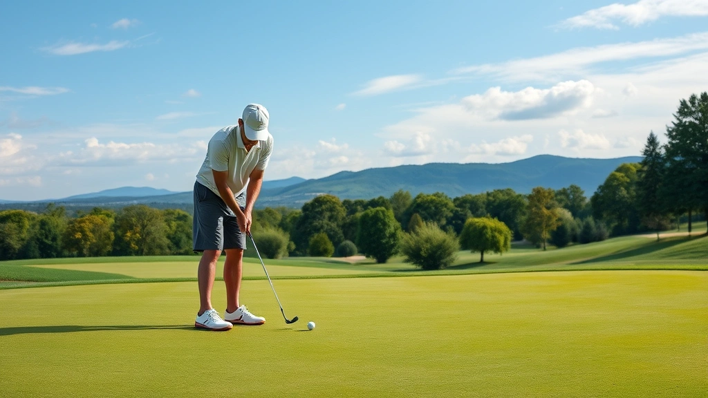 Golfer on putting green concentrating on short putt, showing focus and mental discipline with beautiful course landscape behind