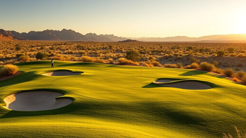 Elevated desert golf green surrounded by strategic bunkers and desert landscape, golden afternoon light casting shadows across manicured fairway, professional golfers in background assessing shots