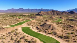 Aerial view of desert golf course with elevated tees, fairways winding through native vegetation, mountains in background, clear blue sky, professional conditioning visible