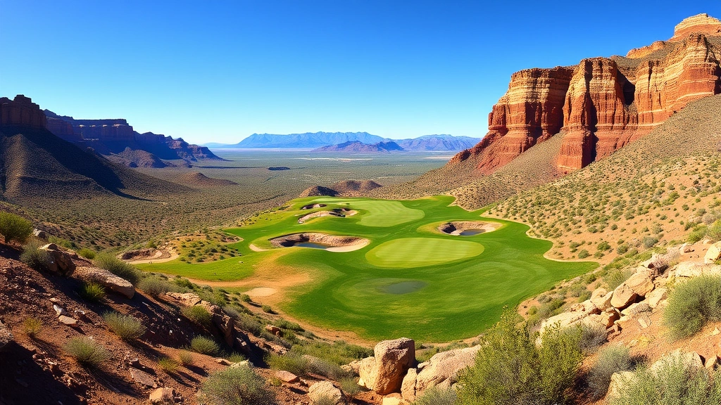 Panoramic view of dramatic elevation change on championship golf hole, pristine fairway winding through desert terrain with native vegetation, clear blue sky and distant mountains framing the composition