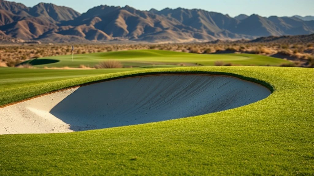 Close-up of strategic bunker placement along fairway with pristine sand, green in distance, desert landscape, dramatic shadows showing elevation changes, morning light