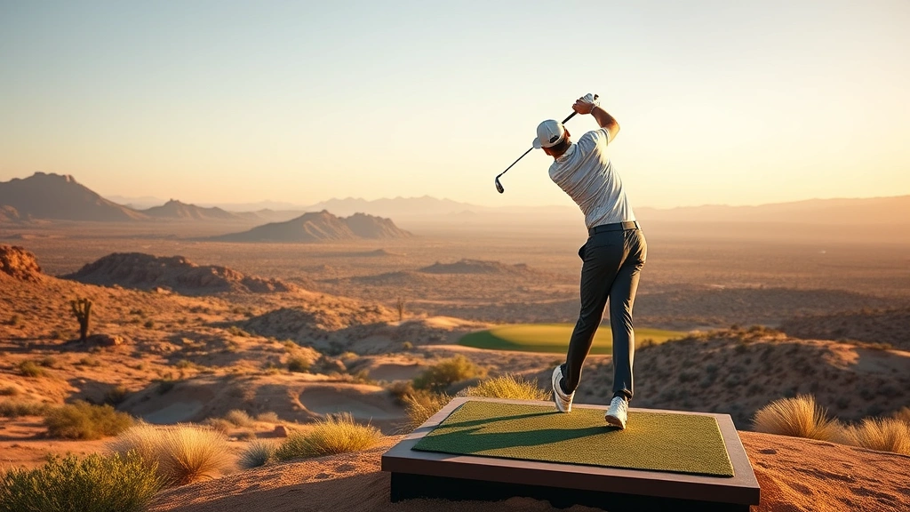 Professional golfer mid-swing on elevated tee box overlooking desert valley, precision shot-making moment, modern golf attire, natural desert landscape with bunkers visible below, early morning golden light