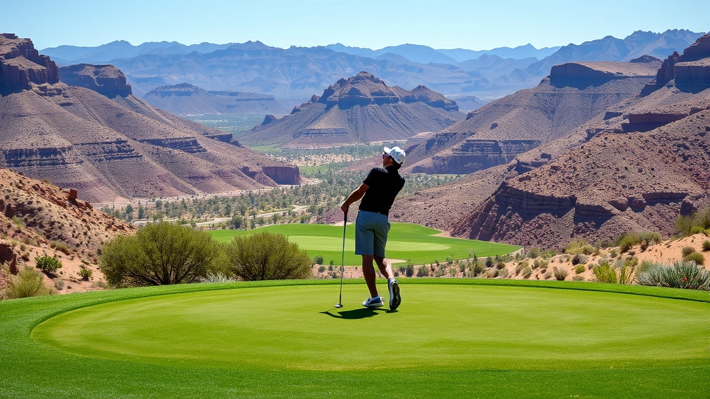 Golfer addressing ball on elevated tee box overlooking valley, island green visible below, desert mountains, clear visibility, professional course maintenance, natural landscape