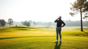 Golfer standing on tee box analyzing course layout, looking toward fairway with focus, professional stance, morning light on golf course