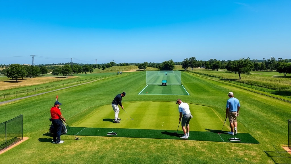 Overhead view of golf practice range with multiple golfers warming up before round, hitting balls toward targets with green fairway and clear sky
