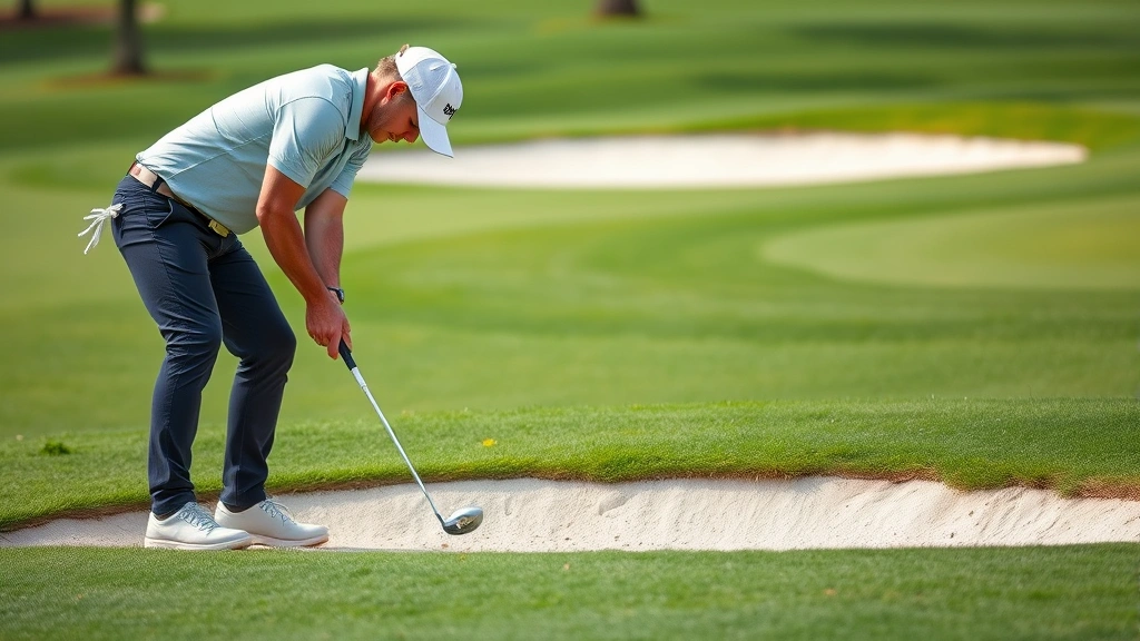Golfer chipping near greenside bunker, executing short game shot with precision, sand bunker visible, manicured golf course background