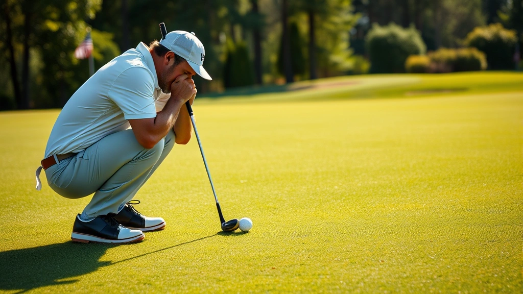 Golfer reading green before putting, crouching to examine slope and contours, with putting cup visible and manicured green in soft natural lighting