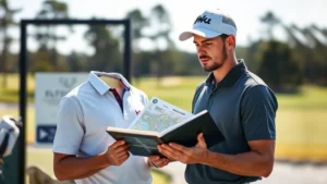 Professional golfer studying scorecard and yardage book before round, standing at course entrance with course map visible, natural lighting, focused expression, outdoor golf course setting