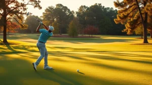 Golfer mid-swing on manicured fairway with lush green grass and natural trees framing the shot, professional golf course setting, golden afternoon light, realistic photography