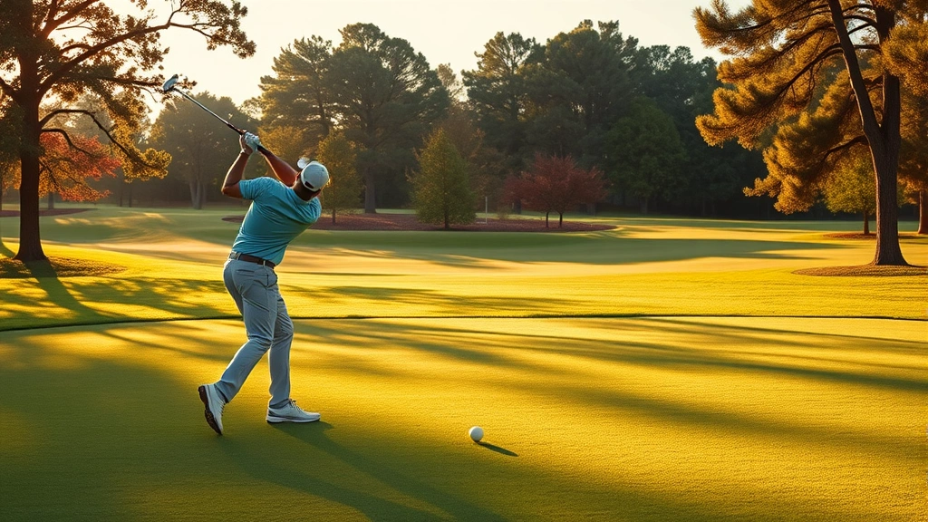 Golfer mid-swing on manicured fairway with lush green grass and natural trees framing the shot, professional golf course setting, golden afternoon light, realistic photography