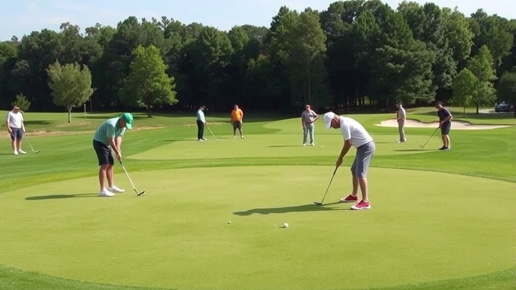 Practice putting green at golf course with multiple golfers practicing their technique, professional facility with well-maintained grass, natural outdoor setting with trees in background, realistic daytime photography