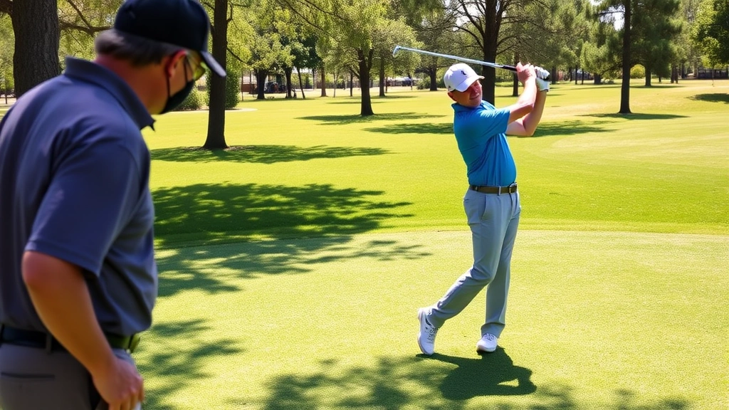 A golf instructor observing a student's swing on a sunny fairway, both focused on technique, trees and green grass visible, natural lighting, no text or signage