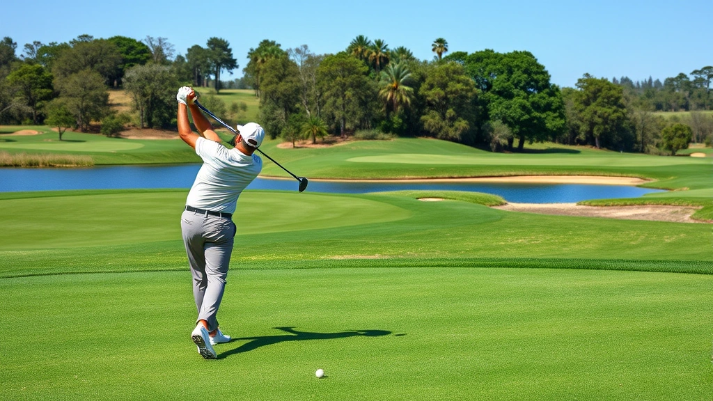 Golfer executing perfect swing on scenic fairway with water hazard visible in background, professional form and concentration