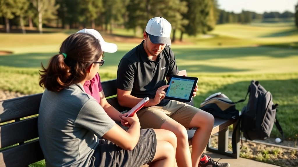 Students analyzing their golf performance on a tablet after practice, seated on a bench near the course, relaxed educational setting, outdoor environment with soft shadows