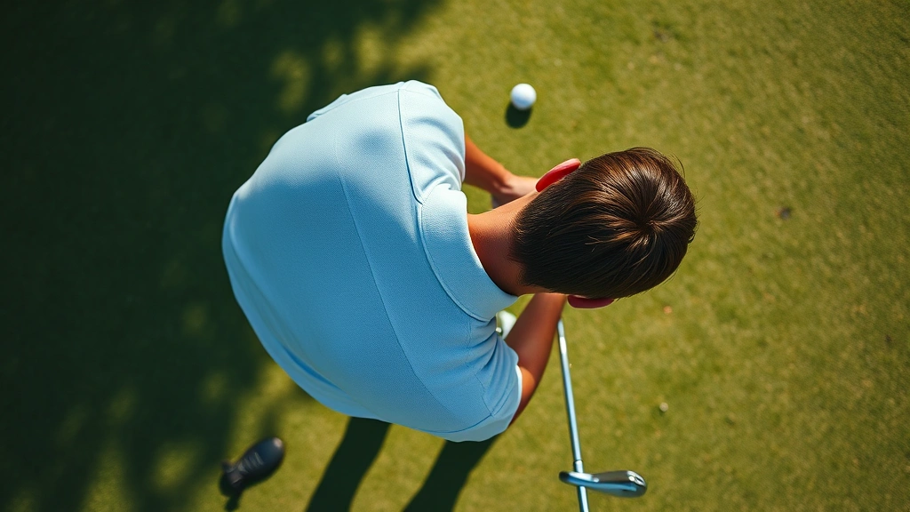 Overhead view of golfer in pre-shot routine, addressing ball with focused posture and alignment, peaceful golf course setting