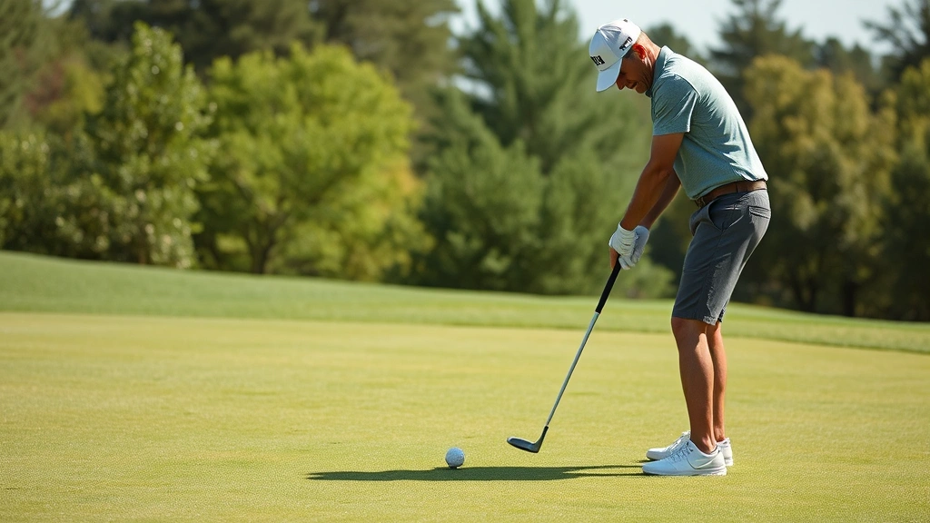 Golfer practicing short game on practice green, chipping from various distances with concentrated expression, natural daylight