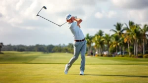 Professional golfer mid-swing on manicured fairway with palm trees and Florida landscape in background, focused expression demonstrating proper technique and form