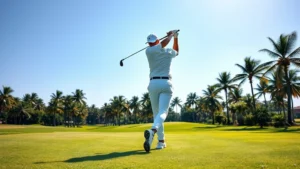 Professional golfer executing perfect golf swing on manicured fairway during bright afternoon, palm trees and clear sky background, photorealistic sports photography