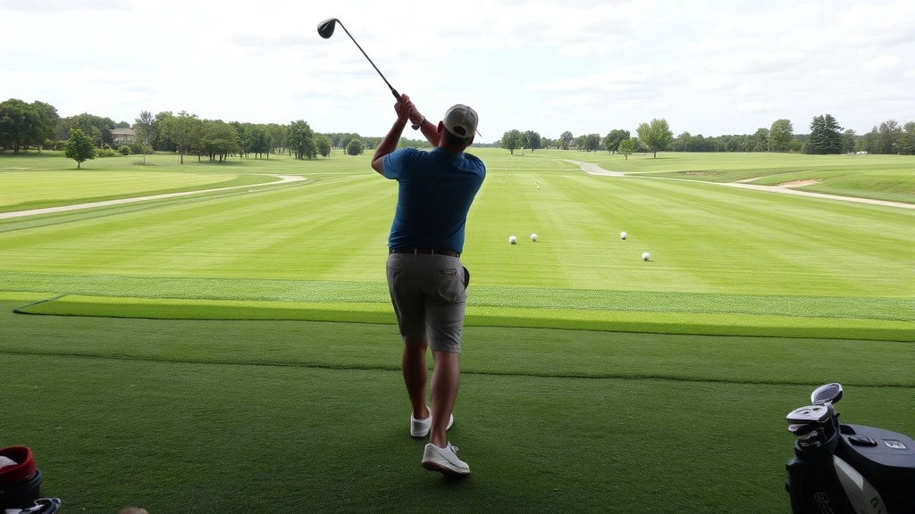Golfer practicing at driving range with multiple golf balls on grass, hitting toward distant targets, showing deliberate practice and skill development in action