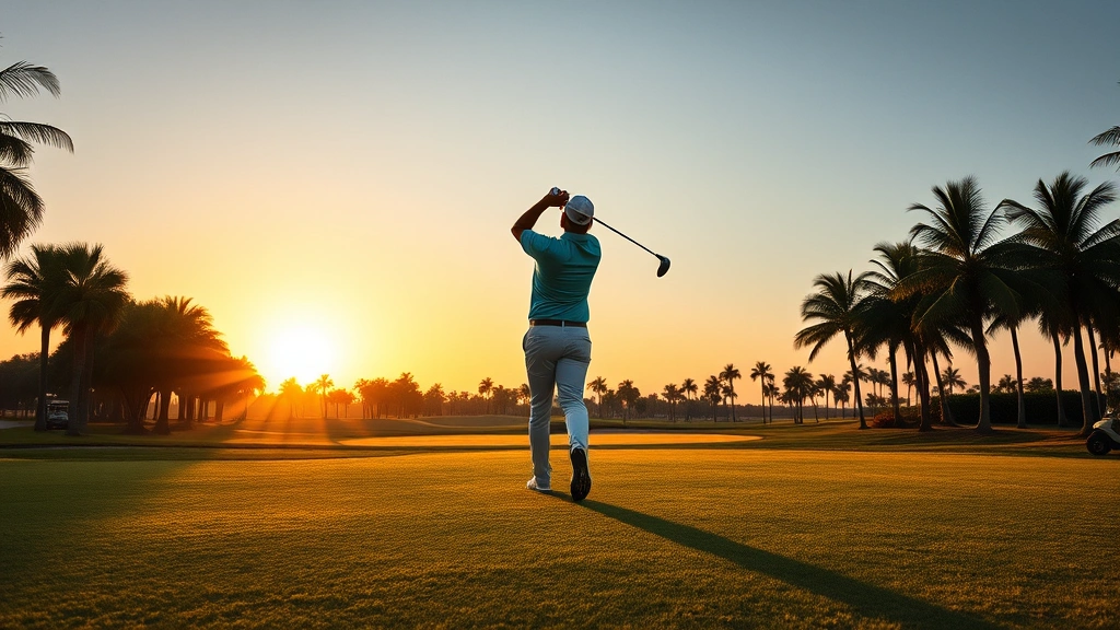 Golfer mid-swing on fairway during golden hour lighting with palm trees lining course edges, natural South Florida landscape, no people in background