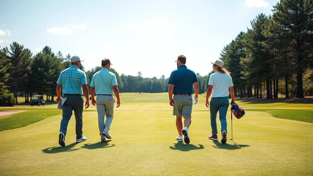 Group of golfers walking down fairway together on sunny day, representing community learning and peer instruction in natural golf course setting