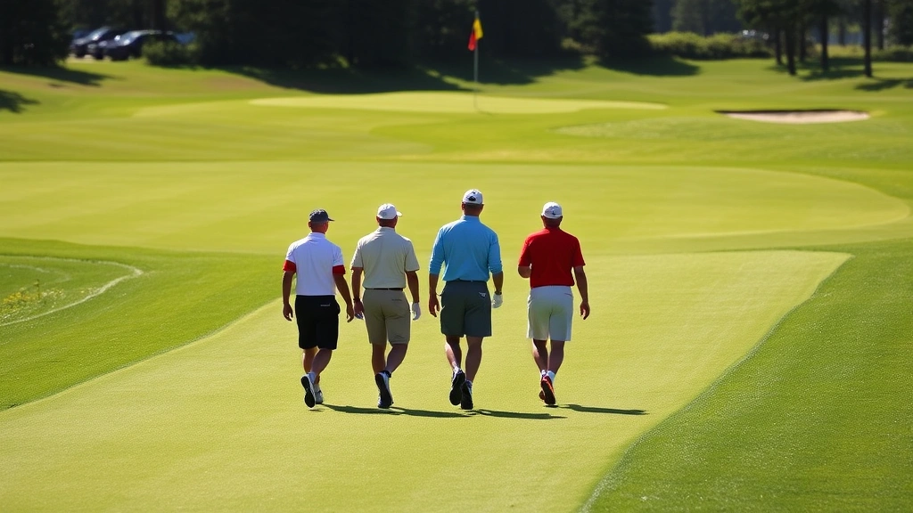 Group of four golfers walking on pristine green fairway toward distant flagstick, water hazard visible, manicured course conditions, sunny day