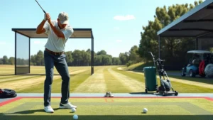 Professional golfer in proper stance demonstrating grip and posture at driving range with golf balls and clubs visible, natural sunlight, realistic form