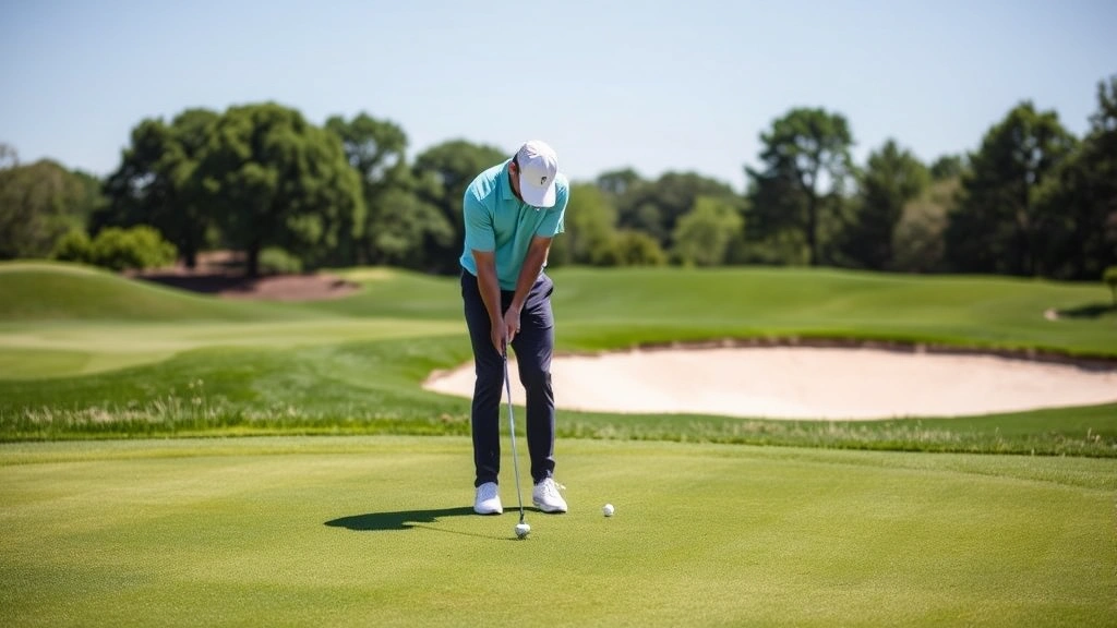 Golfer practicing short game chipping on practice green near bunker, demonstrating proper form and technique, well-maintained grass surface
