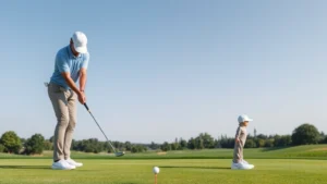 Professional golfer executing proper golf swing stance and posture on well-maintained fairway, demonstrating correct body alignment and weight distribution, realistic photography