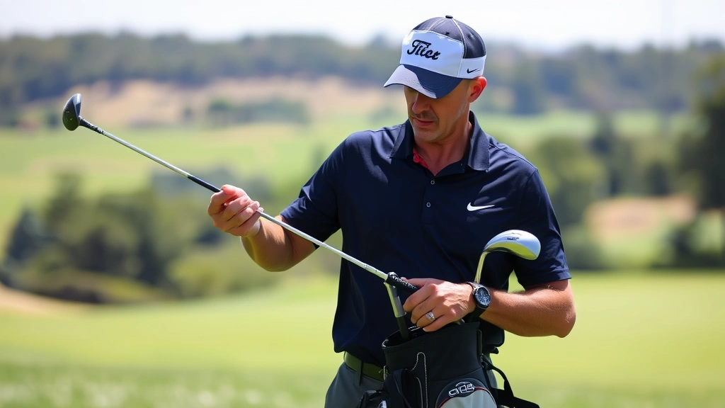Golfer selecting club from bag while studying fairway layout, showing thoughtful decision-making process with course landscape visible in background, natural daylight