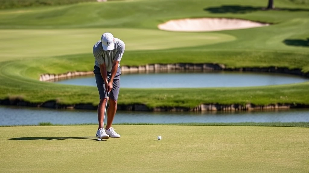 Golfer practicing chip shots near green with water hazard visible, demonstrating precision shot-making and course management skills in realistic golf course setting