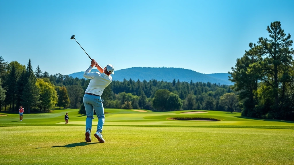 Golfer executing approach shot toward green with course hazards visible, demonstrating precision technique and strategic positioning, professional golf course setting with natural background