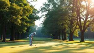 Golfer addressing ball on fairway with mature trees lining both sides, natural landscape, afternoon sunlight filtering through leaves, peaceful golf course setting
