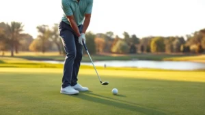 Professional golfer in proper stance addressing golf ball on fairway with trees and water hazard visible in background, morning sunlight, realistic golf course setting