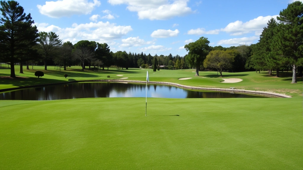 Golf course green with water hazard reflecting sky, well-maintained putting surface, surrounding trees and natural terrain, serene park-like environment