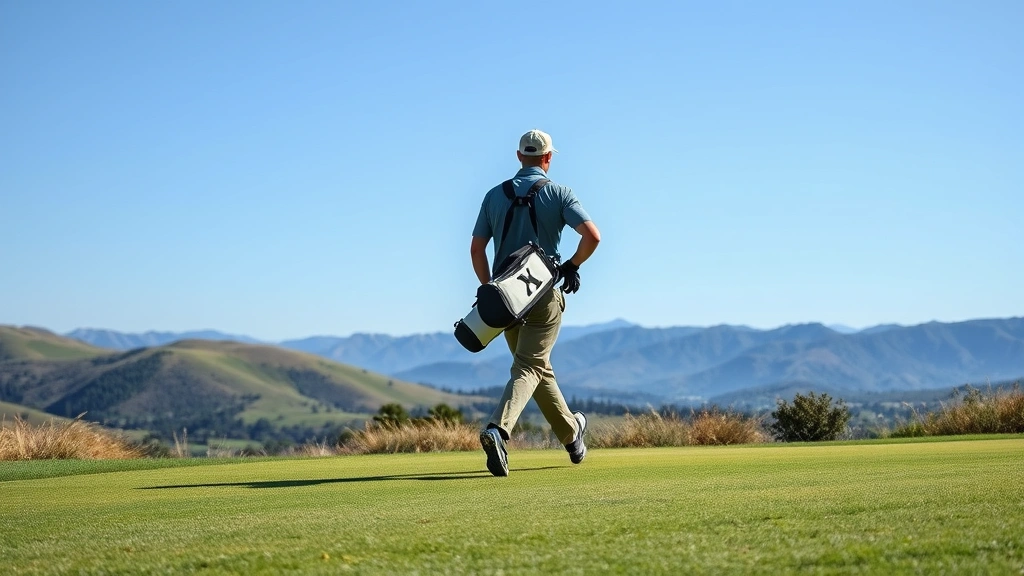 Golfer walking fairway carrying golf bag with scenic rolling hills in background, natural vegetation, clear blue sky, peaceful outdoor recreation