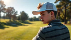 Young golfer concentrating on fairway shot, morning sunlight, focused expression, professional golf course setting with manicured grass and trees