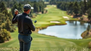 Professional golfer analyzing course layout from elevated tee box overlooking fairway with water hazard and bunkers, studying terrain and planning shot strategy with confident posture