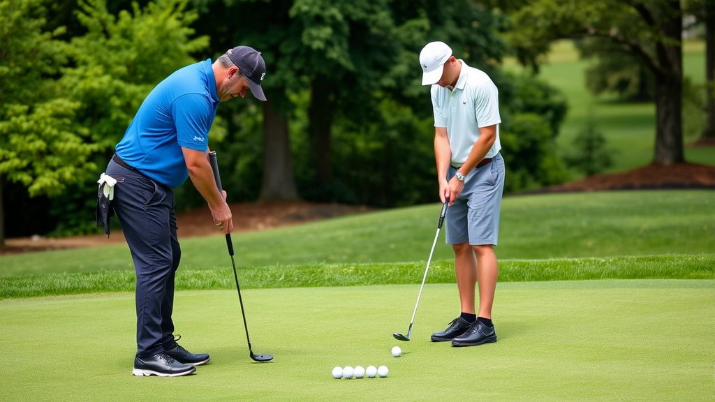 Golf coach instructing student on short game fundamentals near practice green, demonstrating proper chipping technique with multiple golf balls and alignment aids visible