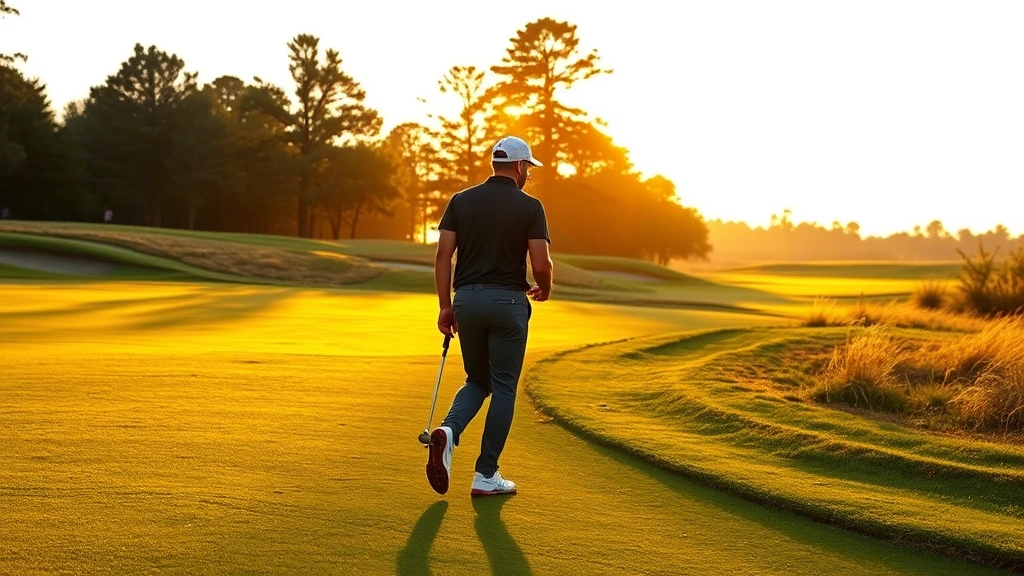 Experienced golfer walking fairway during golden hour, evaluating lie and wind conditions before approach shot, reading course terrain with focused concentration and strategic planning