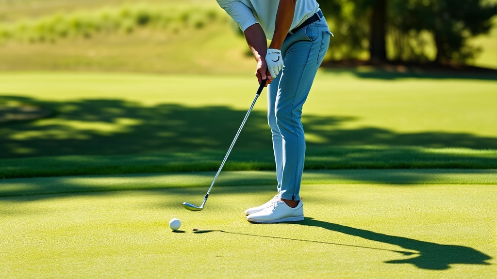 Golfer in bright sunlight executing a controlled chip shot from the apron near a manicured green, ball in mid-flight, professional form, lush fairway background