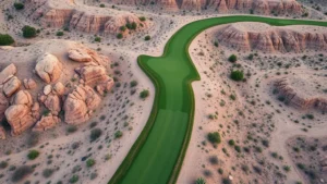 Aerial view of manicured golf fairway winding through desert landscape with natural rock formations and native vegetation, professional golf course maintenance visible