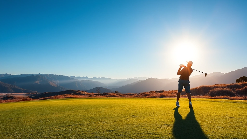 Golfer mid-swing on sun-lit fairway with distant mountains, clear blue sky, natural terrain elevation changes, realistic golf action photography